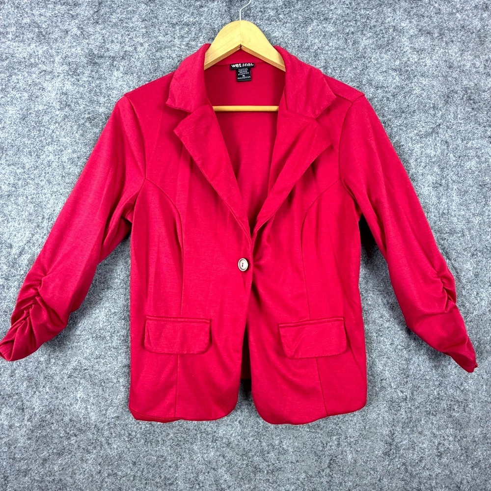 Vintage Wet Seal Blazer Jacket Womens XL Red Single Button Ruched Sleeves Career